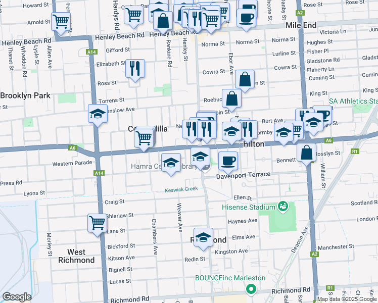 map of restaurants, bars, coffee shops, grocery stores, and more near 191 Sir Donald Bradman Drive in Cowandilla