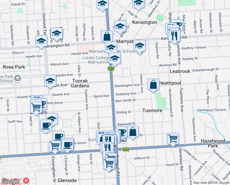 map of restaurants, bars, coffee shops, grocery stores, and more near 340 Portrush Road in Heathpool