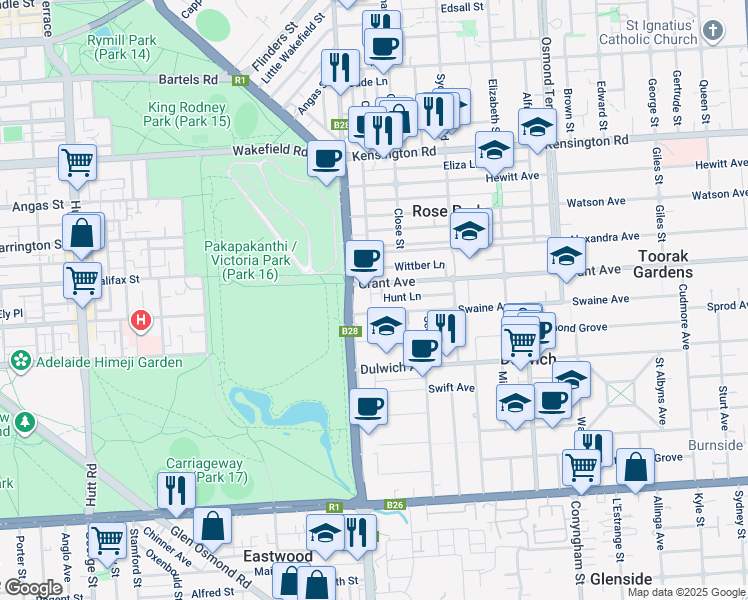 map of restaurants, bars, coffee shops, grocery stores, and more near 160 Fullarton Road in Rose Park