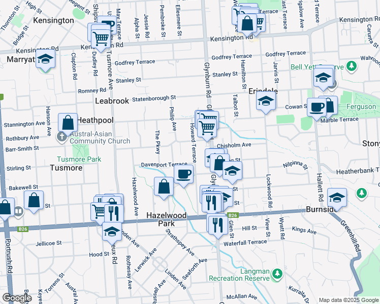 map of restaurants, bars, coffee shops, grocery stores, and more near 15 Howard Terrace in Hazelwood Park