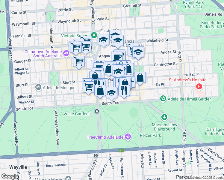 map of restaurants, bars, coffee shops, grocery stores, and more near 56 Gilles Street in Adelaide
