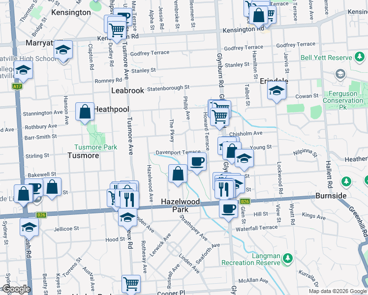 map of restaurants, bars, coffee shops, grocery stores, and more near 23 Davenport Terrace in Hazelwood Park