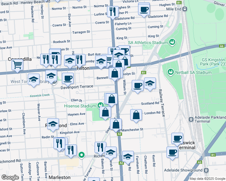 map of restaurants, bars, coffee shops, grocery stores, and more near 314 South Road in Richmond