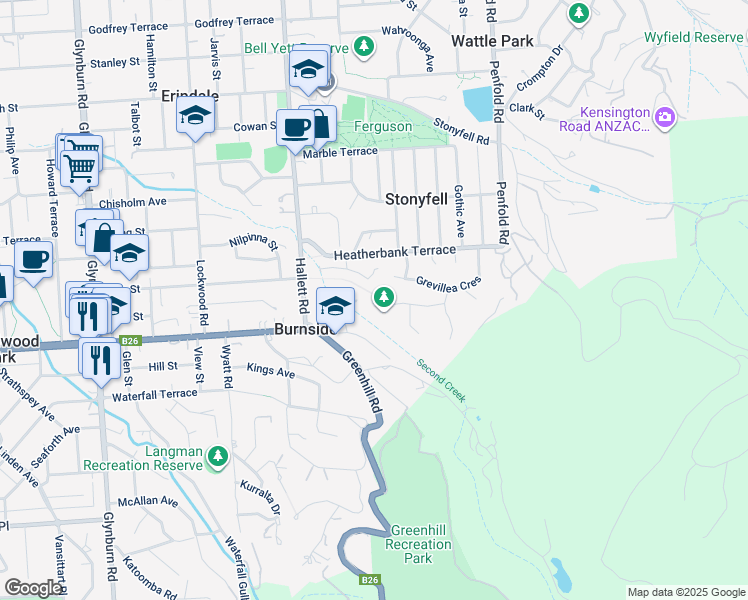 map of restaurants, bars, coffee shops, grocery stores, and more near 6 Kurrajong Avenue in Stonyfell