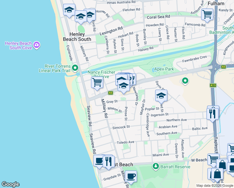 map of restaurants, bars, coffee shops, grocery stores, and more near 723 Burbridge Road in West Beach