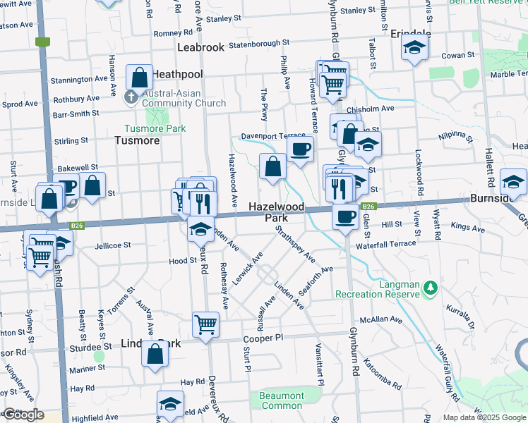 map of restaurants, bars, coffee shops, grocery stores, and more near in Hazelwood Park