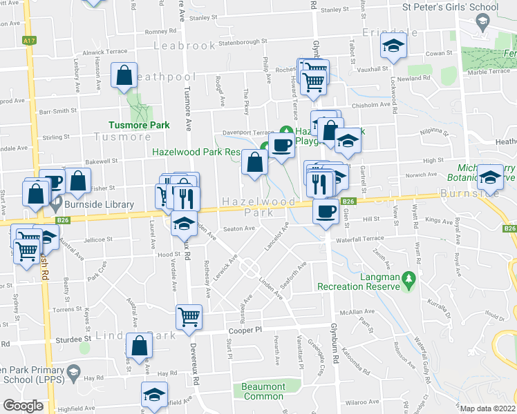map of restaurants, bars, coffee shops, grocery stores, and more near in Hazelwood Park