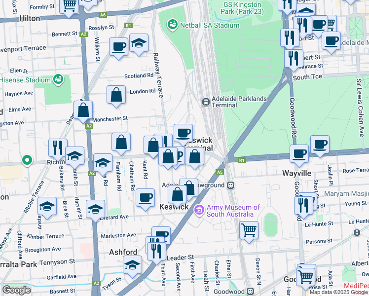 map of restaurants, bars, coffee shops, grocery stores, and more near 33 Richmond Road in Keswick Terminal