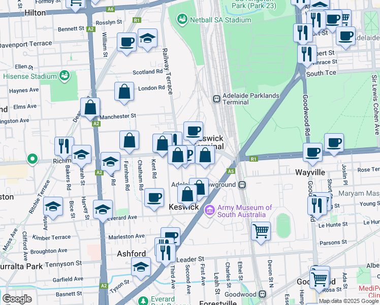 map of restaurants, bars, coffee shops, grocery stores, and more near 33 Richmond Road in Keswick Terminal