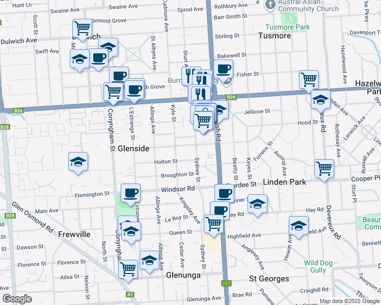 map of restaurants, bars, coffee shops, grocery stores, and more near 35-39 Sydney Street in Glenside