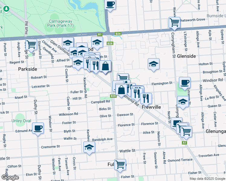 map of restaurants, bars, coffee shops, grocery stores, and more near Fullarton Road in Parkside
