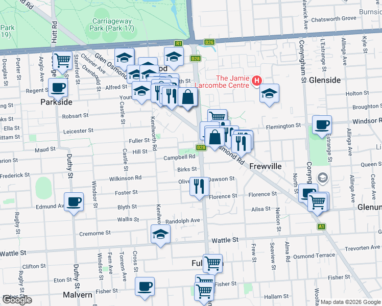 map of restaurants, bars, coffee shops, grocery stores, and more near 1 Campbell Road in Parkside