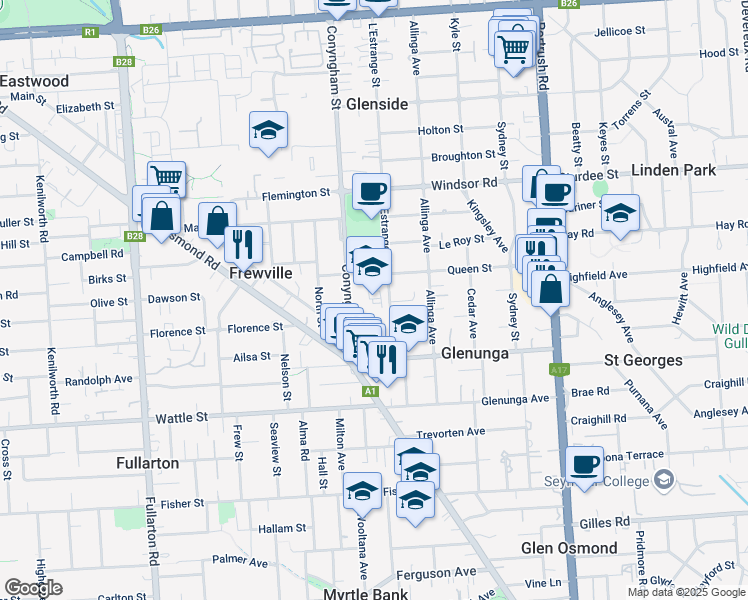 map of restaurants, bars, coffee shops, grocery stores, and more near in Glenunga