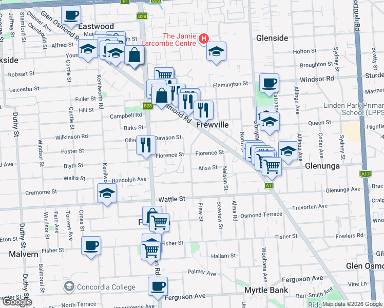 map of restaurants, bars, coffee shops, grocery stores, and more near Florence Street in Fullarton