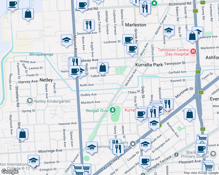 map of restaurants, bars, coffee shops, grocery stores, and more near 38C Keith Avenue in North Plympton