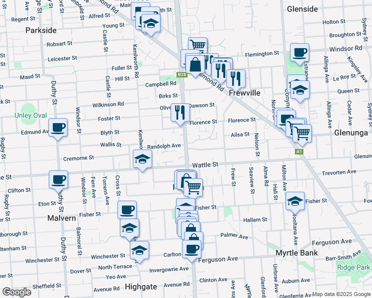 map of restaurants, bars, coffee shops, grocery stores, and more near Fullarton Road in Fullarton