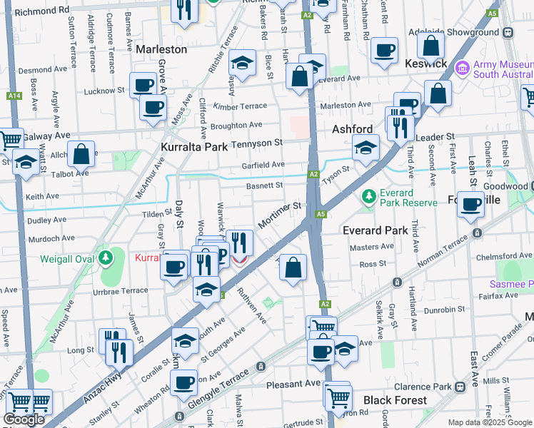 map of restaurants, bars, coffee shops, grocery stores, and more near 17 Mortimer Street in Kurralta Park