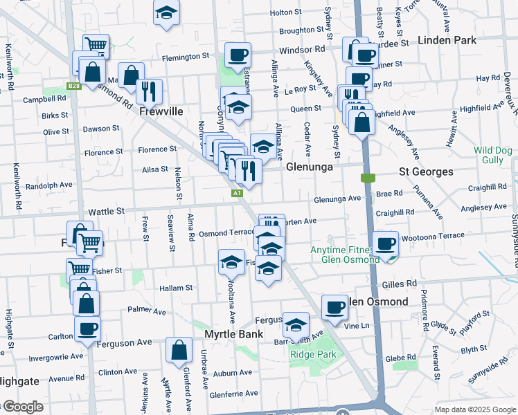 map of restaurants, bars, coffee shops, grocery stores, and more near 2 Glenunga Avenue in Glenunga