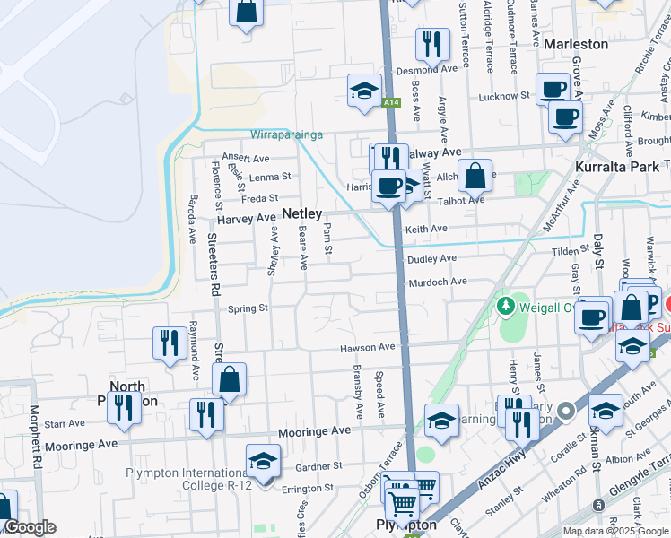 map of restaurants, bars, coffee shops, grocery stores, and more near 10 Ramsey Street in Netley