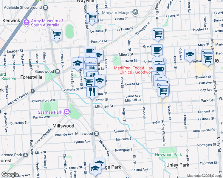 map of restaurants, bars, coffee shops, grocery stores, and more near 18 Angus Street in Goodwood