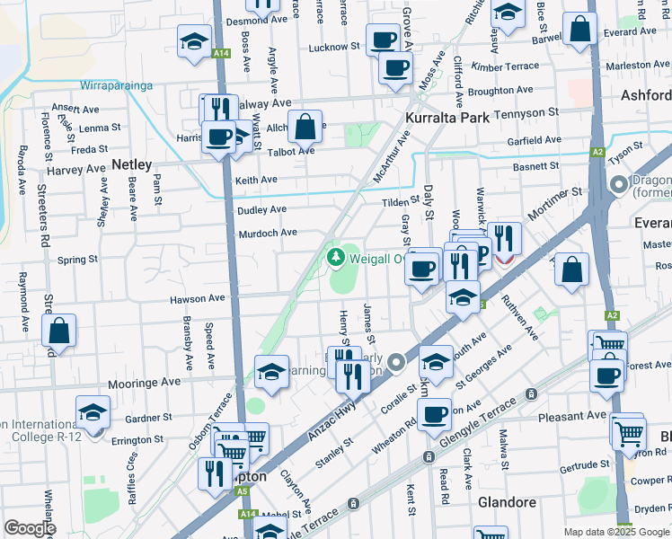 map of restaurants, bars, coffee shops, grocery stores, and more near Oval Terrace in Plympton