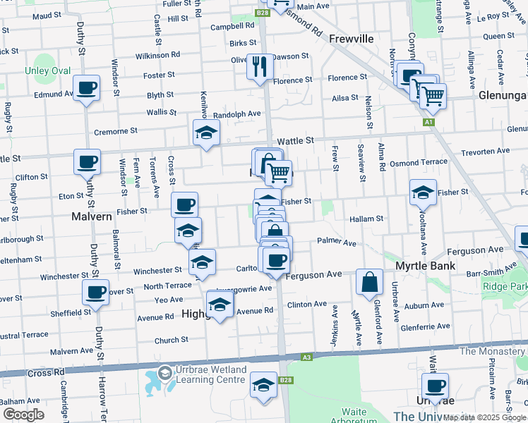 map of restaurants, bars, coffee shops, grocery stores, and more near 411 Fullarton Road in Fullarton