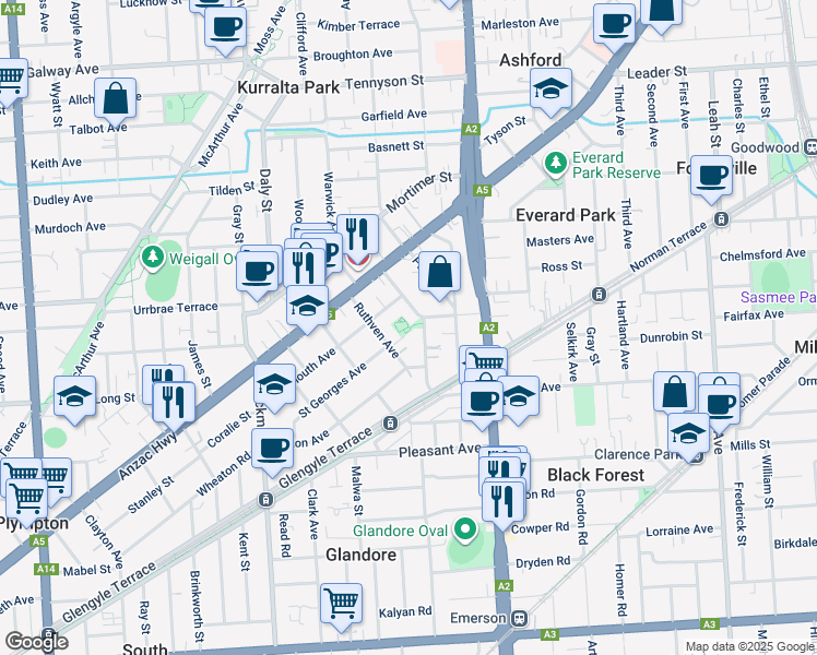 map of restaurants, bars, coffee shops, grocery stores, and more near 15A Wellington Street in Glandore