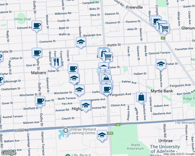 map of restaurants, bars, coffee shops, grocery stores, and more near 411 Fullarton Road in Fullarton