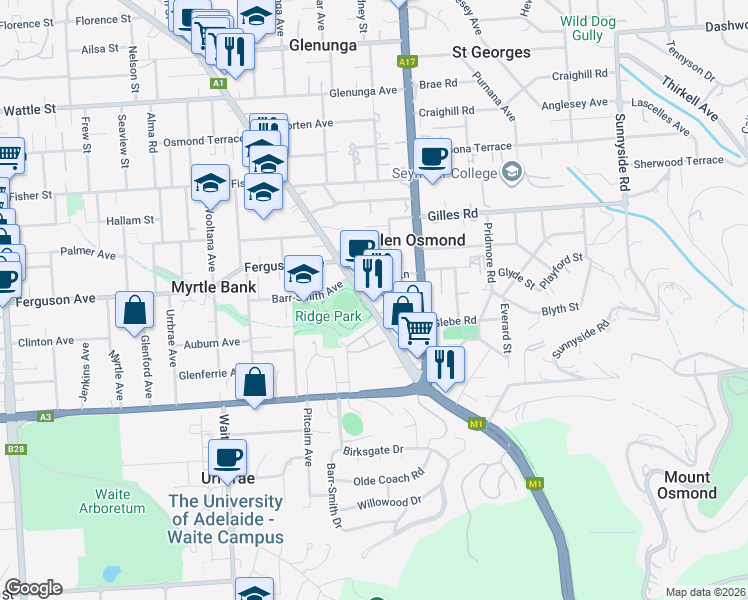 map of restaurants, bars, coffee shops, grocery stores, and more near 373 Glen Osmond Road in Glen Osmond