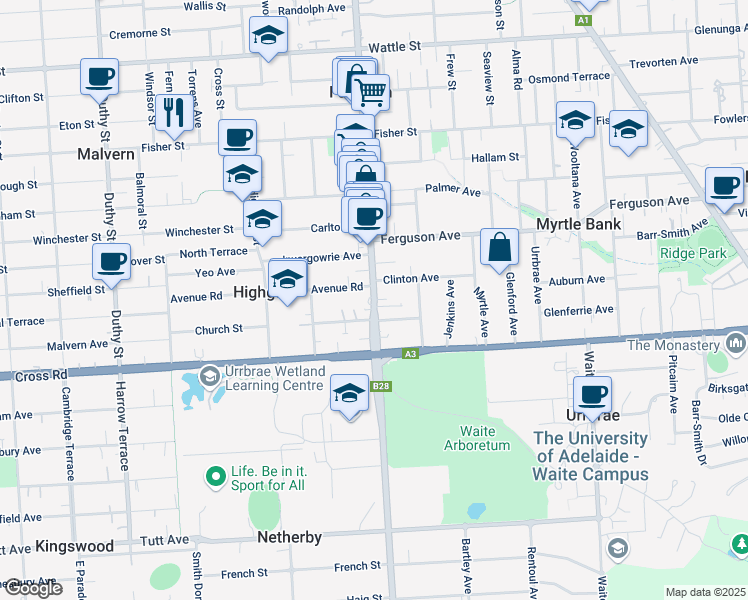 map of restaurants, bars, coffee shops, grocery stores, and more near Fullarton Road in Highgate