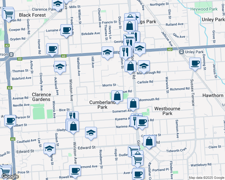 map of restaurants, bars, coffee shops, grocery stores, and more near 22 Avenue Road in Cumberland Park
