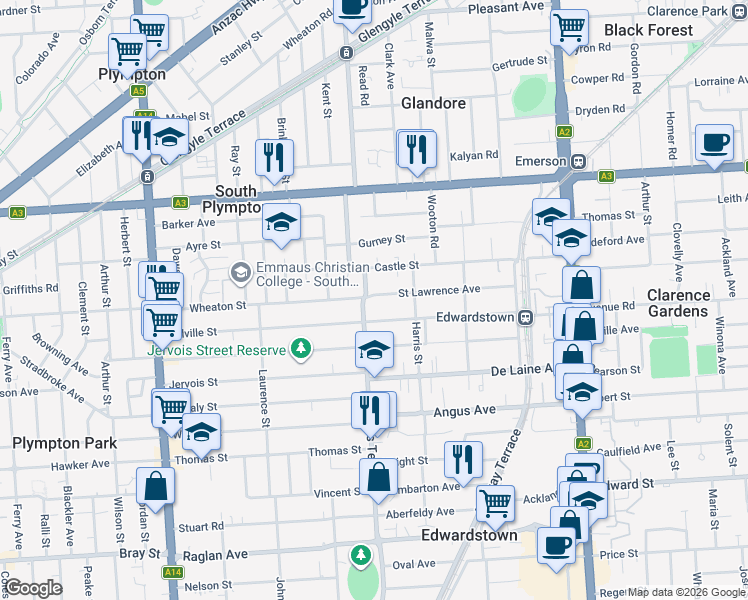 map of restaurants, bars, coffee shops, grocery stores, and more near 50 Saint Lawrence Avenue in Edwardstown