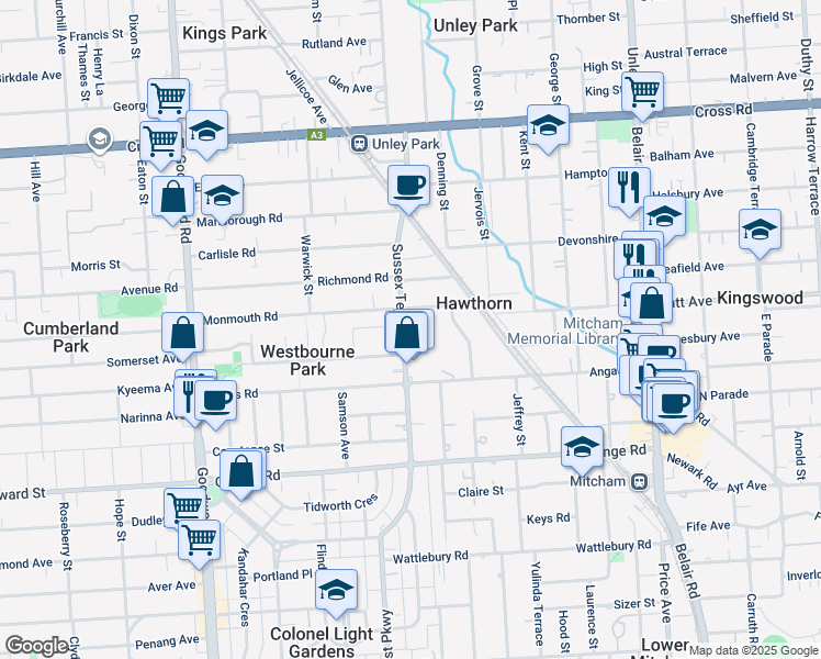 map of restaurants, bars, coffee shops, grocery stores, and more near 31 Sussex Terrace in Hawthorn
