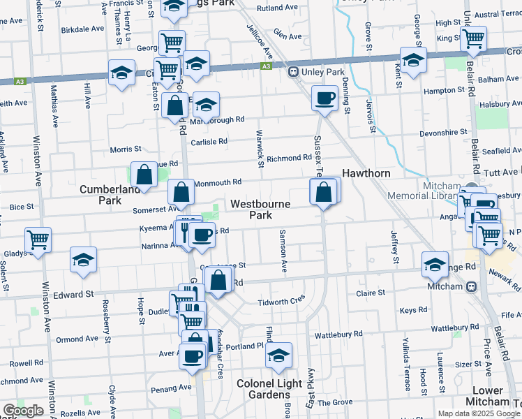 map of restaurants, bars, coffee shops, grocery stores, and more near Norseman Avenue in Westbourne Park