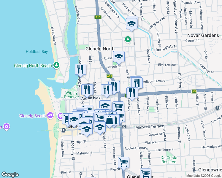 map of restaurants, bars, coffee shops, grocery stores, and more near 6 Buckle Street in Glenelg North