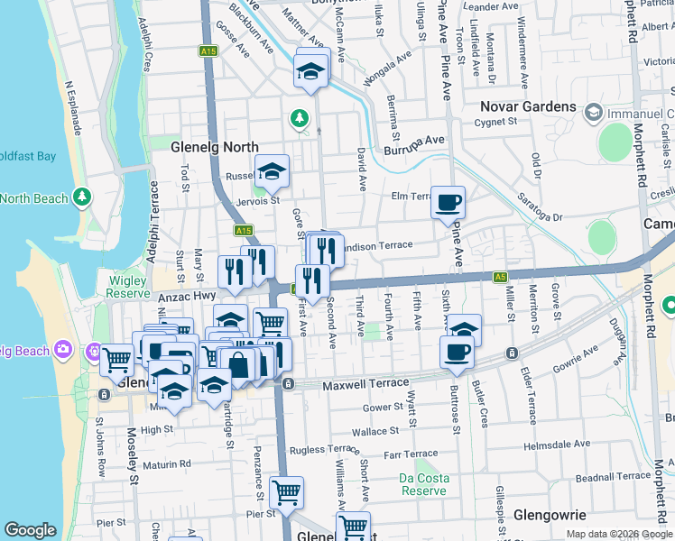 map of restaurants, bars, coffee shops, grocery stores, and more near 2 Alison Street in Glenelg North