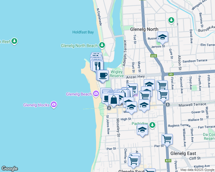 map of restaurants, bars, coffee shops, grocery stores, and more near 27 Colley Terrace in Glenelg