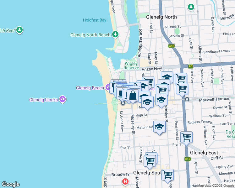 map of restaurants, bars, coffee shops, grocery stores, and more near Moseley Square in Glenelg