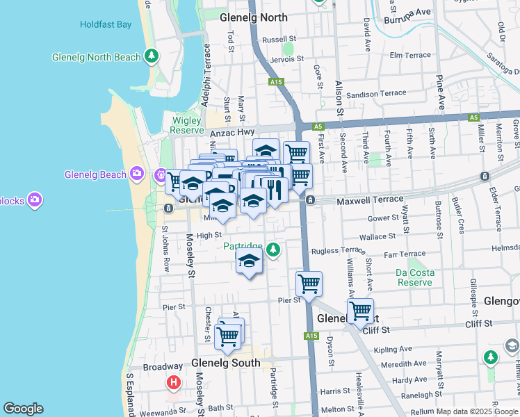 map of restaurants, bars, coffee shops, grocery stores, and more near 1 Partridge Street in Glenelg