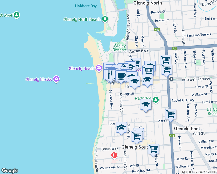 map of restaurants, bars, coffee shops, grocery stores, and more near 1 South Esplanade in Glenelg