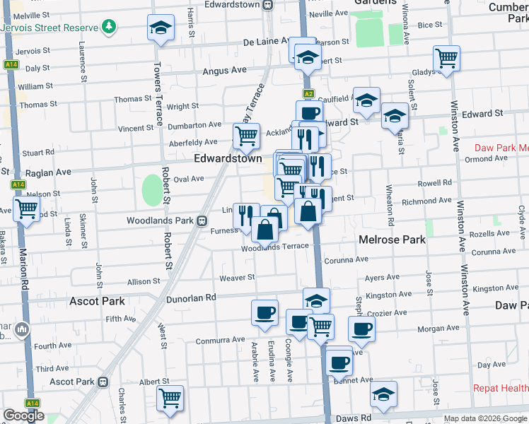 map of restaurants, bars, coffee shops, grocery stores, and more near 20 Lindsay Avenue in Edwardstown