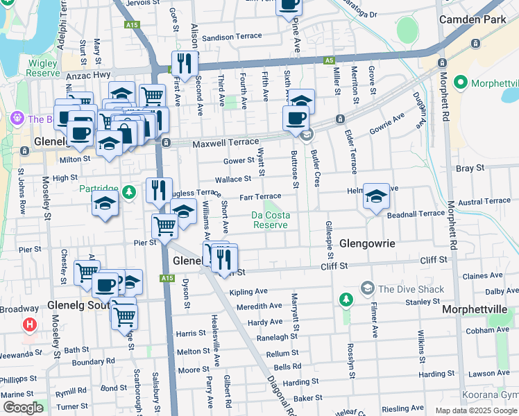 map of restaurants, bars, coffee shops, grocery stores, and more near 4 Wyatt Street in Glenelg East