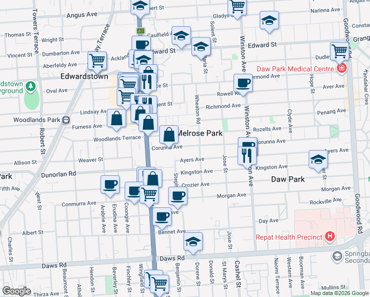 map of restaurants, bars, coffee shops, grocery stores, and more near 114 Corunna Avenue in Melrose Park