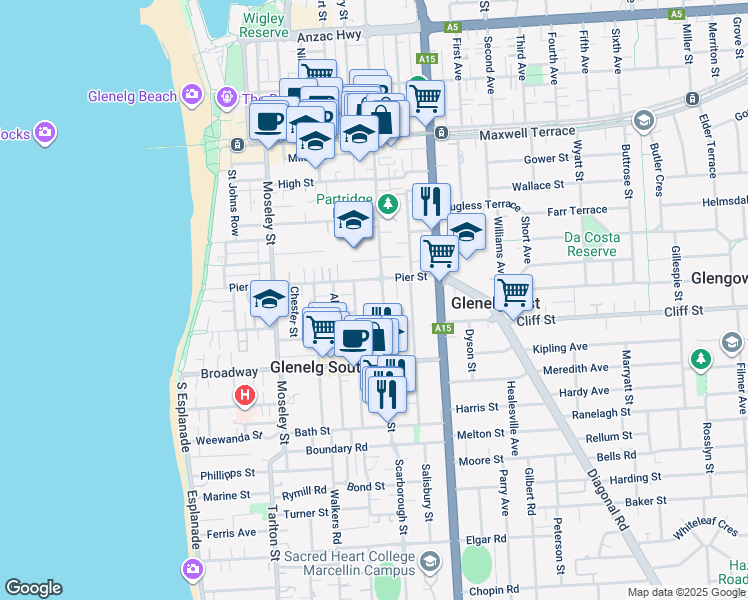 map of restaurants, bars, coffee shops, grocery stores, and more near 49 Partridge Street in Glenelg South
