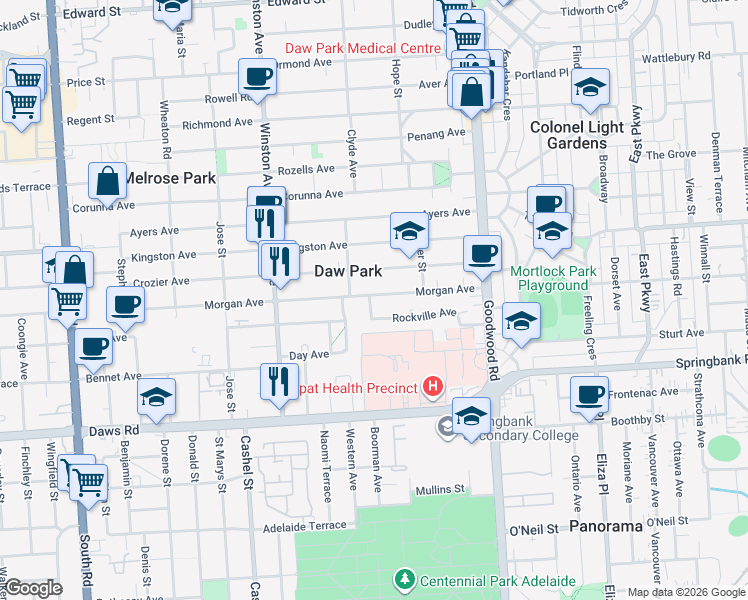 map of restaurants, bars, coffee shops, grocery stores, and more near 51 Morgan Avenue in Daw Park