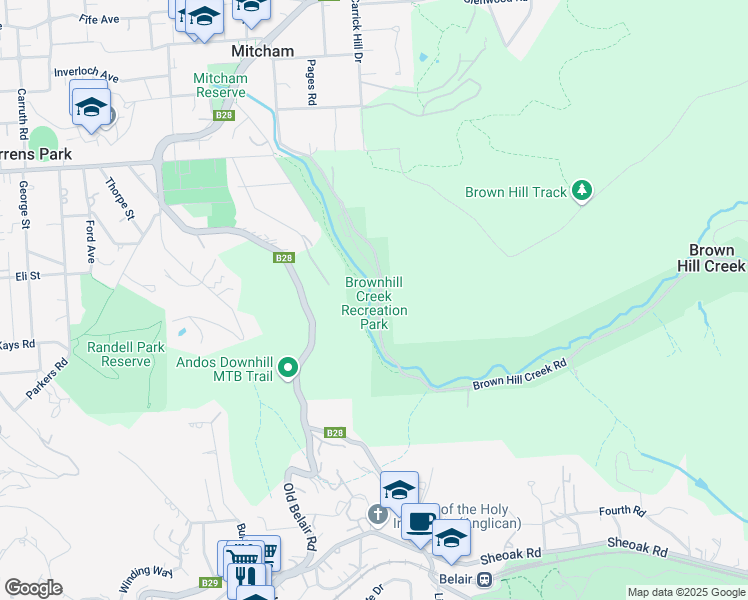 map of restaurants, bars, coffee shops, grocery stores, and more near Brown Hill Creek Road in Mitcham