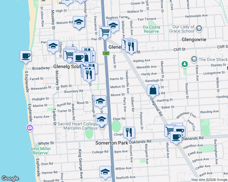 map of restaurants, bars, coffee shops, grocery stores, and more near 3 Melton Street in Somerton Park