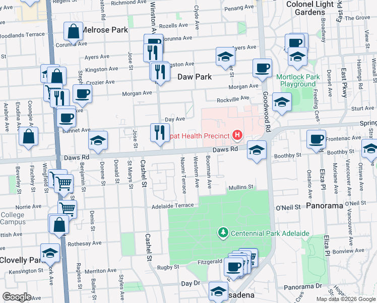map of restaurants, bars, coffee shops, grocery stores, and more near Daws Road in Pasadena