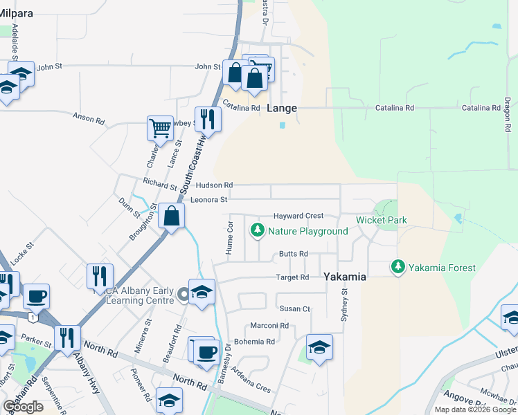 map of restaurants, bars, coffee shops, grocery stores, and more near 40A Leonora Street in Yakamia