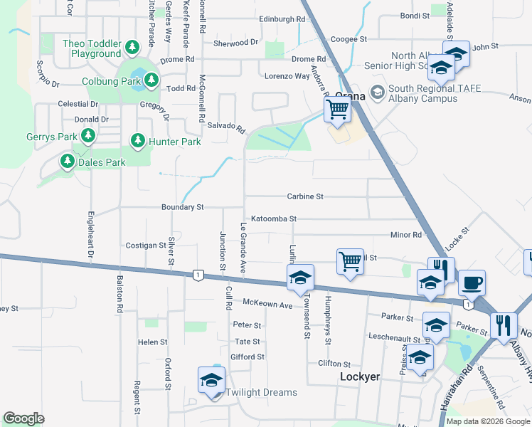 map of restaurants, bars, coffee shops, grocery stores, and more near 80 Katoomba Street in Orana
